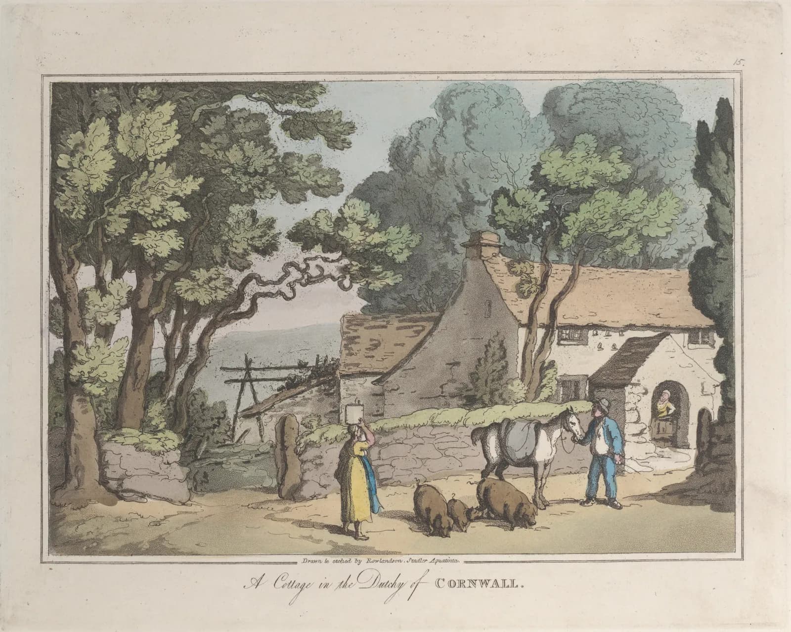 Cultural archive image of “A Cottage in the Dutchy of Cornwall”, catalogued as Prints, dating to 1822, associated with Cornwall. Medium: Hand-colored etching and aquatint.