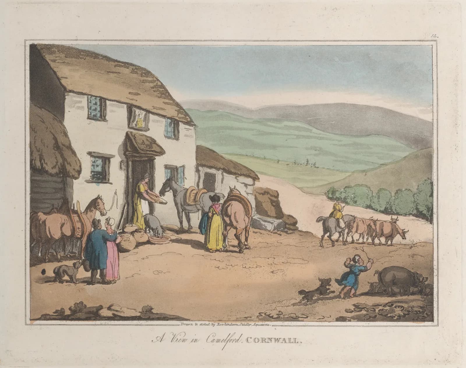 Cultural archive image of “A View of Camelford, Cornwall”, catalogued as Prints, dating to 1822, associated with Camelford. Medium: Hand-colored etching and aquatint.