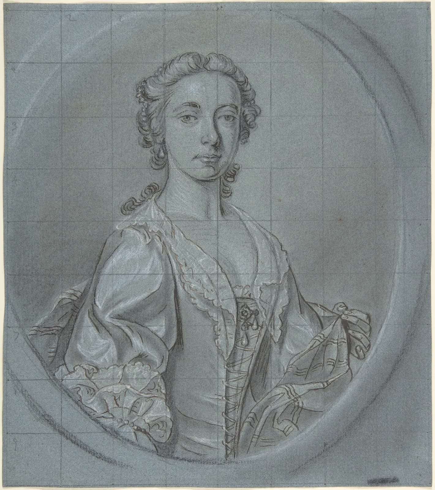 Cultural archive image of “Bust-length portrait study of a young woman with a striped shawl”, catalogued as Drawings, dating to ca. 1740–60. Medium: Black and white chalk, brown ink and graphite on blue laid paper, squared in graphite.
