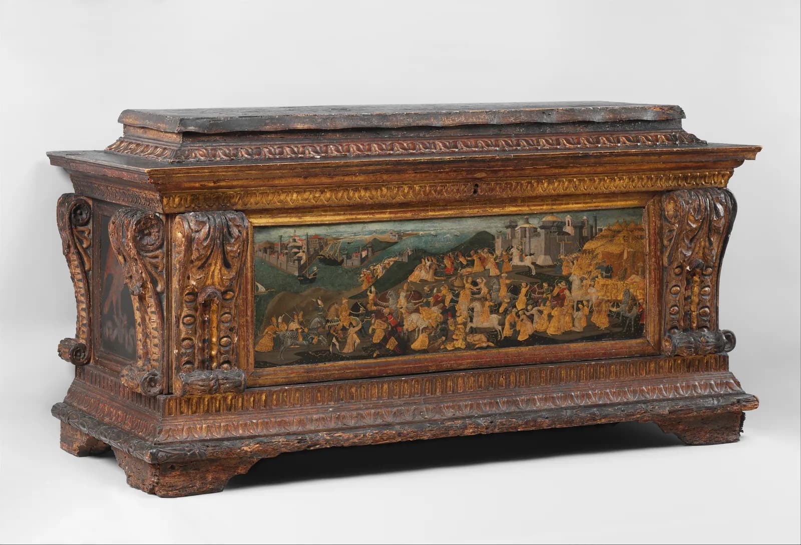 Cultural archive image of “Cassone with painted front panel depicting the Conquest of Trebizond”, catalogued as Woodwork-Furniture, dating to after ca. 1461. Medium: Poplar wood, linen, polychromed and gilded gesso with panel painted in…