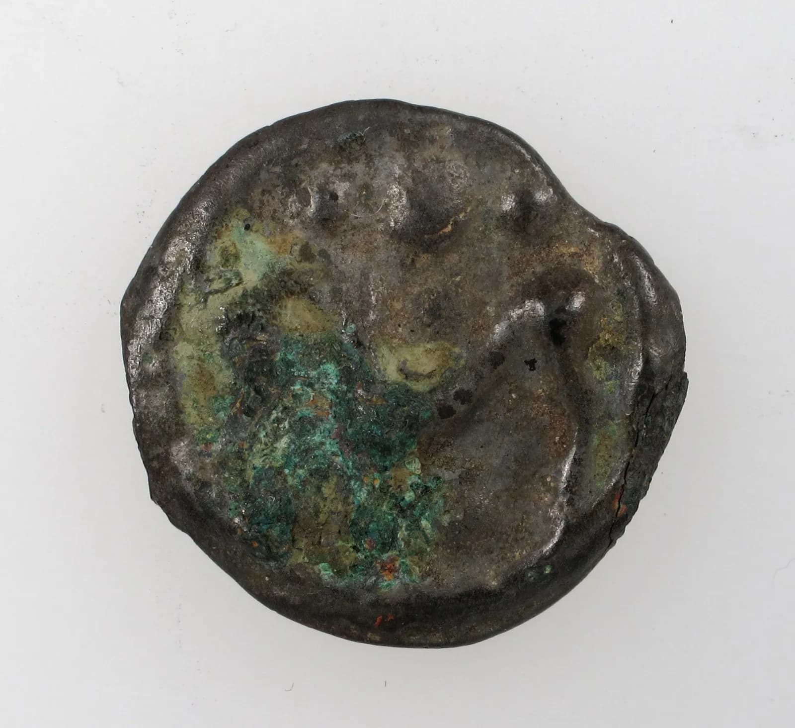 Cultural archive image of “Coin of the Senones”, catalogued as Celtic, dating to 2nd–1st century BCE. Medium: Potin. Dimensions: 5/8 × 11/16 × 1/8 in., 0.1oz.