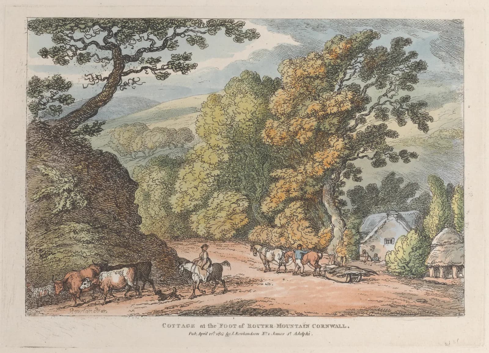 Cultural archive image of “Cottage at the Foot of Router Mountain Cornwall”, catalogued as Prints, dating to April 12, 1812, associated with Cornwall. Medium: Hand-colored etching. Dimensions: Plate: 6 7/8 × 9 3/4 in.
