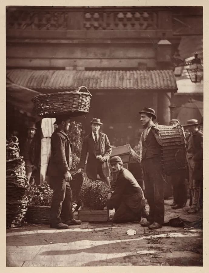 Cultural archive image of “Covent Garden Labourers”, catalogued as England, 19th century, dating to 1877, associated with England, 19th century. Street Life in London: Covent Garden Labourers, 1877.
