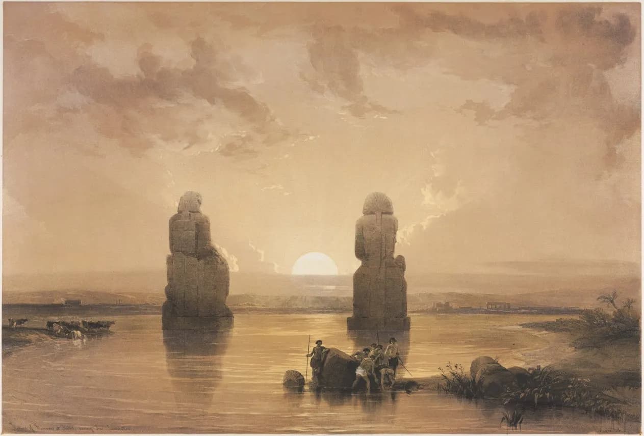 Cultural archive image of “Egypt and Nubia, Volume II: Statues of Memnon at Thebes, during the Inundation”, catalogued as England, 19th century, dating to 1848, associated with England, 19th century.