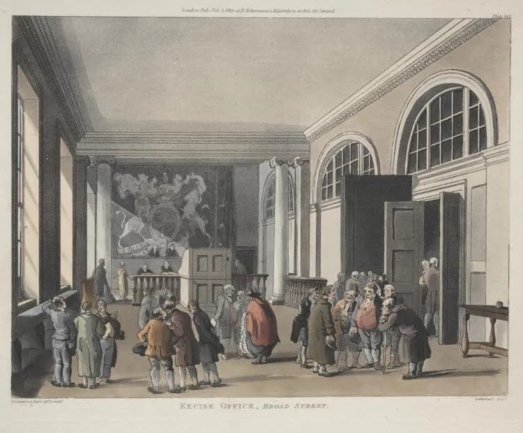 Cultural archive image of “Excise Office, Broad Street”, catalogued as England, late 18th-early 19th Century, dating to 1810, associated with England, late 18th-early 19th Century.