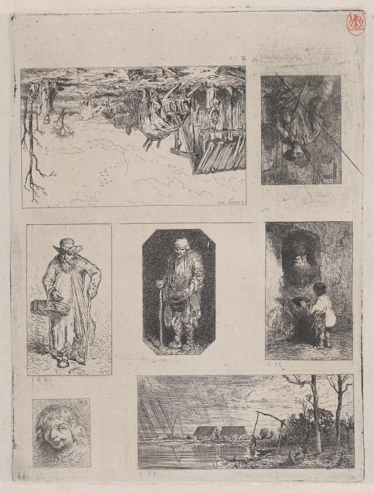 Cultural archive image of “Farmyard Landscape (a), Seated Peasant (b), Beggar (c), Beggar (d), Little Beggar (e), Head of a Breton (f), and Fishing Landscape (g)”, catalogued as Prints, dating to 1844. Medium: Etching. Dimensions: Sheet:…