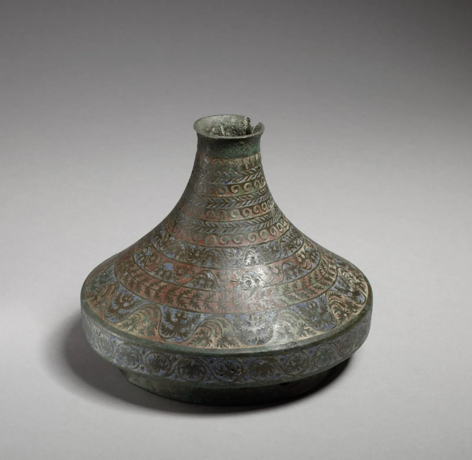 Cultural archive image of “Funnel-Shaped Mount”, catalogued as Roman, dating to 2nd–3rd century, associated with Gaul. Medium: Champlevé enamel, bronze.