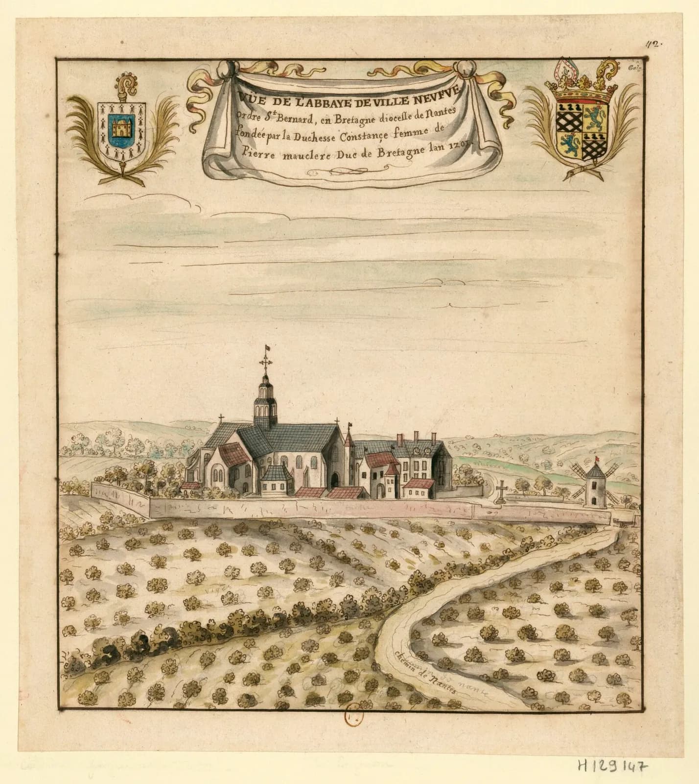 Vüe de l'Abbaye de Ville Neufve // ordre St Bernard, en Bretagne, diocesse de…