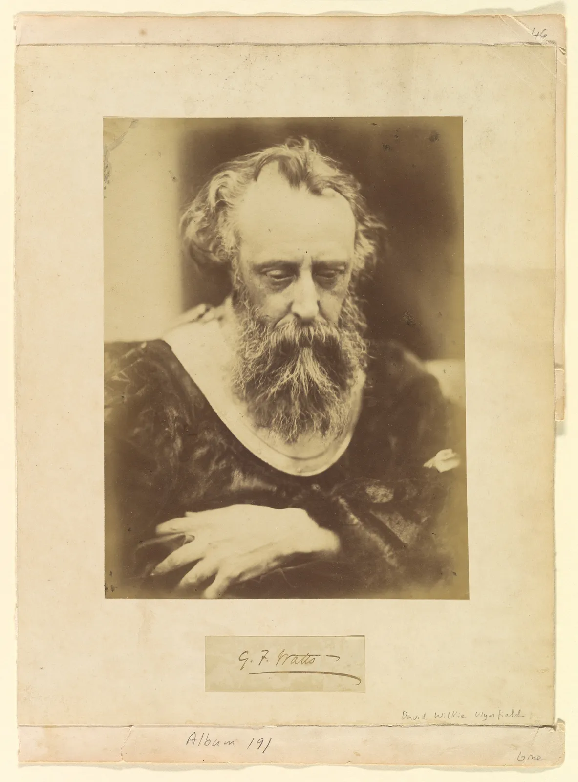 Cultural archive image of “George Frederick Watts”, catalogued as Photographs, dating to 1860s. Medium: Albumen silver print. Dimensions: 21.7 x 16.4 cm (8 9/16 x 6 7/16 in.).