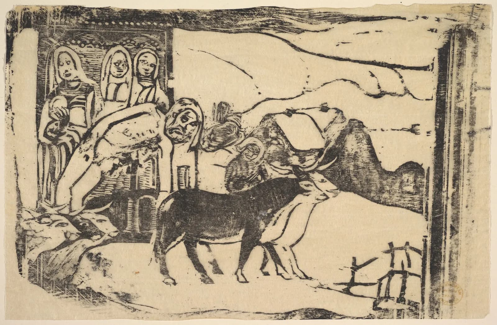 Cultural archive image of “Le Calvarie Breton”, catalogued as Prints, dating to 1898–99, associated with Harris. Medium: Woodcut on japan tissue.