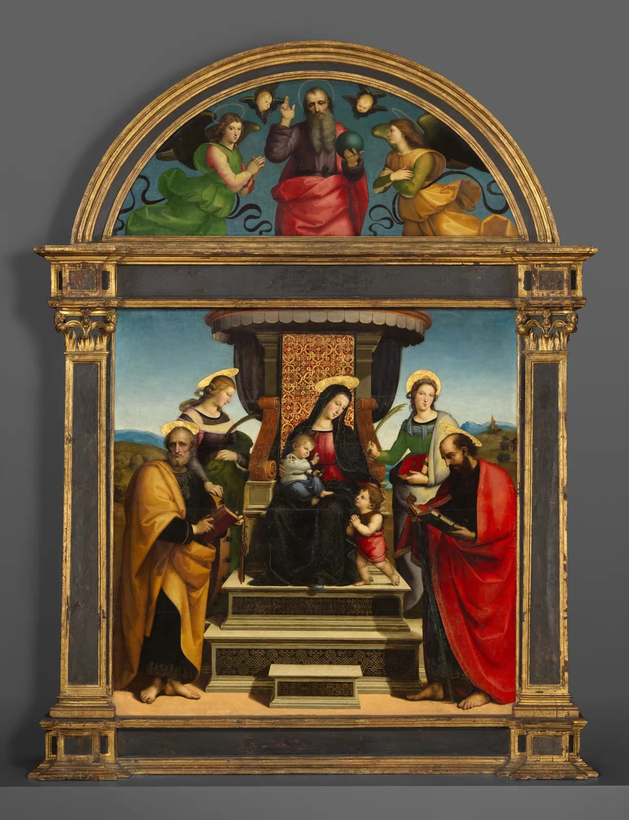 Cultural archive image of “Madonna and Child Enthroned with Saints”, catalogued as Paintings, dating to ca. 1504. Medium: Oil and gold on wood. Dimensions: Main panel, overall 67 7/8 x 67 7/8 in.