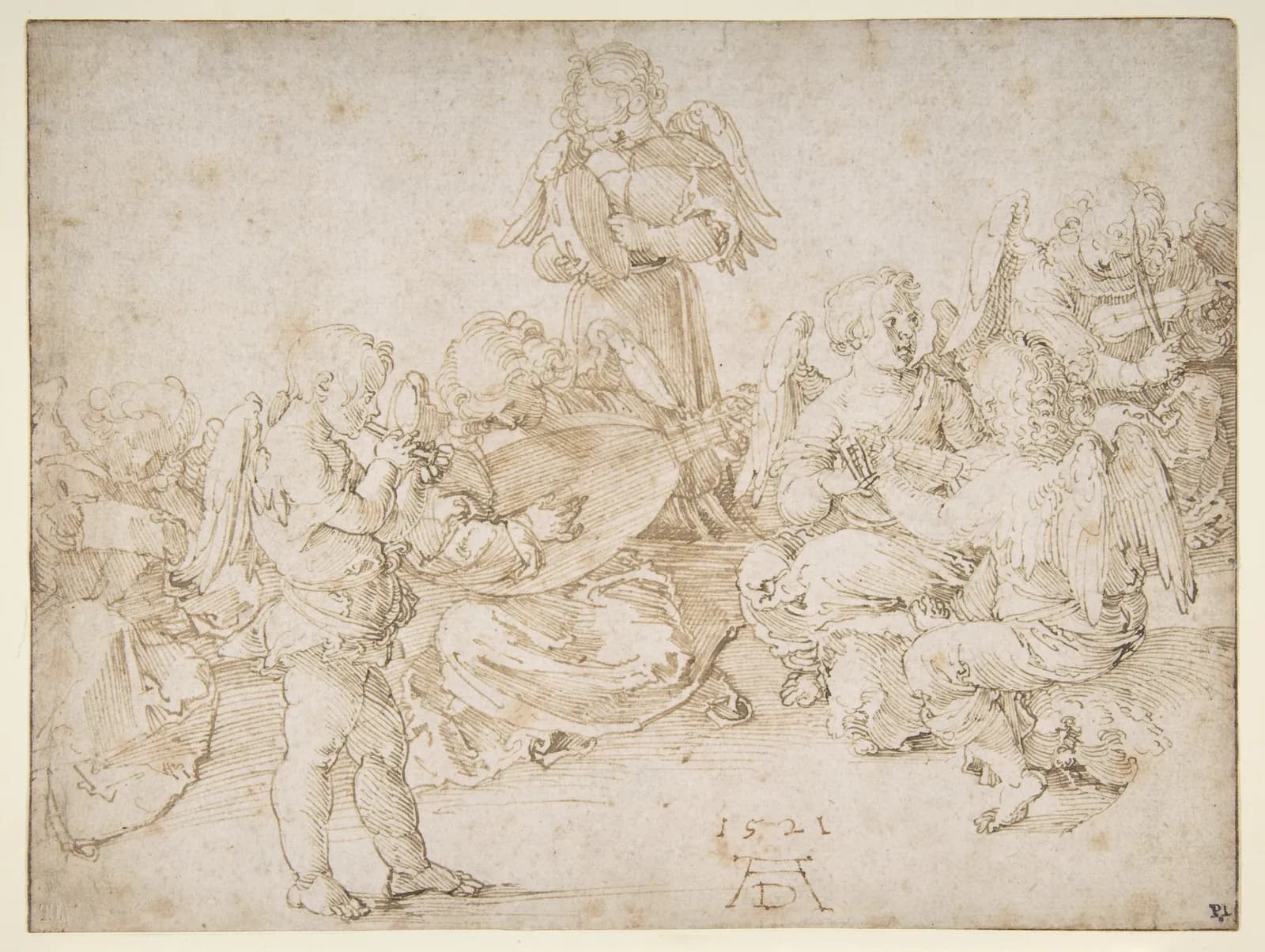 Cultural archive image of “Music-Making Angels”, catalogued as Drawings, dating to 1521. Medium: Pen and brown ink. Dimensions: 6 5/8 x 8 3/4 in.