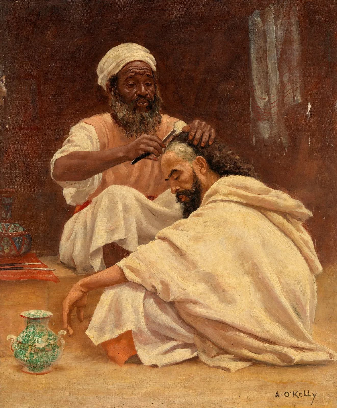 Cultural archive image of “A Barber, Morocco”, catalogued as Aloysius O'Kelly, dating to c.1890. Artist: Aloysius O'Kelly. Medium: Oil on canvas.