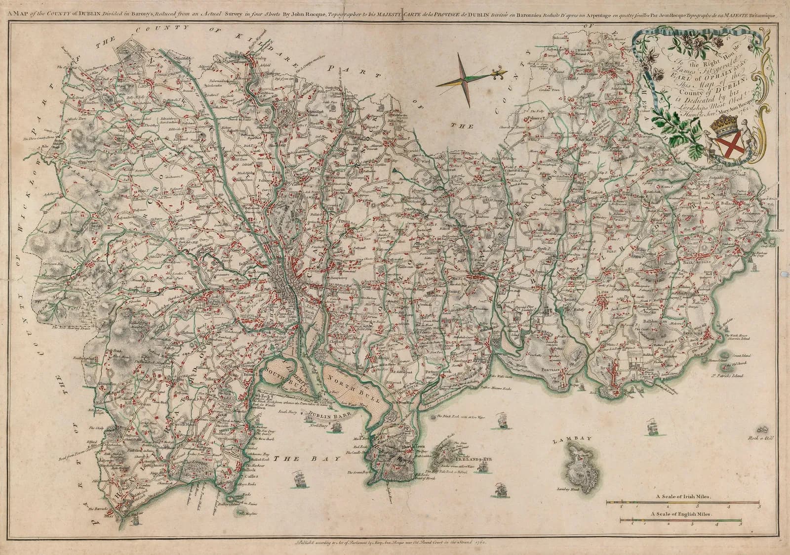 Cultural archive image of “A Map of the County of Dublin divided in Barony's, reduced from an actual survey in four sheets”, catalogued as Unknown Artist, England, 18th century, dating to Engraving Date: 1762, associated with Dublin,…