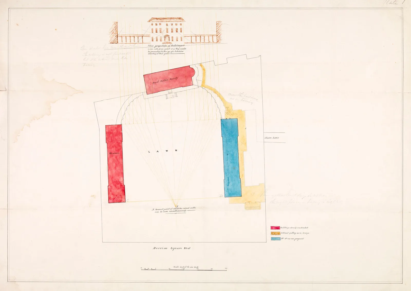 Cultural archive image of “A Polar Projection of the Leinster Lawn Complex”, catalogued as Francis Fowke, associated with Dublin, Ireland. Artist: Francis Fowke. Medium: Ink and watercolour on paper.