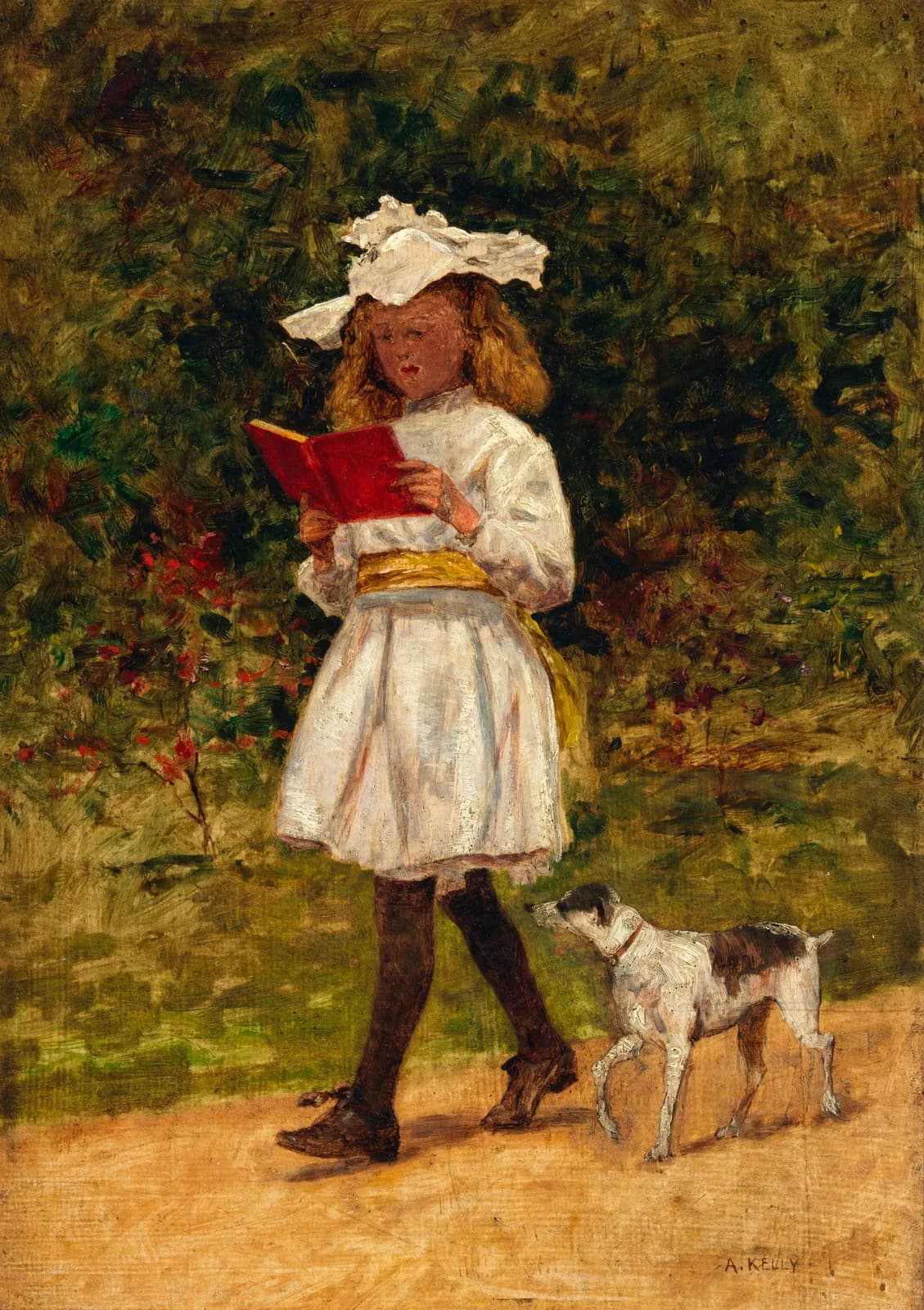 Cultural archive image of “A Young Girl Reading”, catalogued as Aloysius O'Kelly, dating to c.1910. Artist: Aloysius O'Kelly. Medium: Oil on panel.