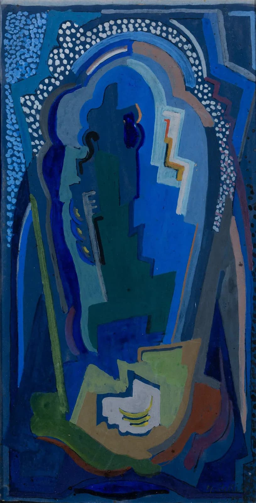 Cultural archive image of “Abstract”, catalogued as Mainie Jellett, dating to 1930. Artist: Mainie Jellett. Medium: Gouache on paper.