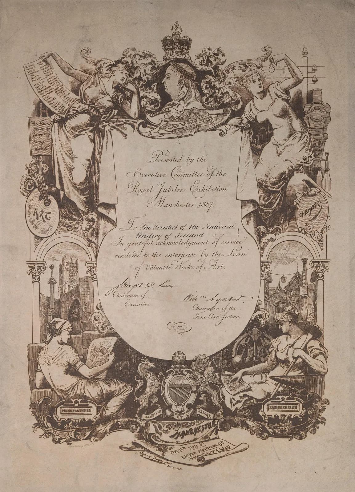 Certificate Commemorating Loan of Exhibits by National Gallery of Ireland to the 1887 Manchester Exhibition
