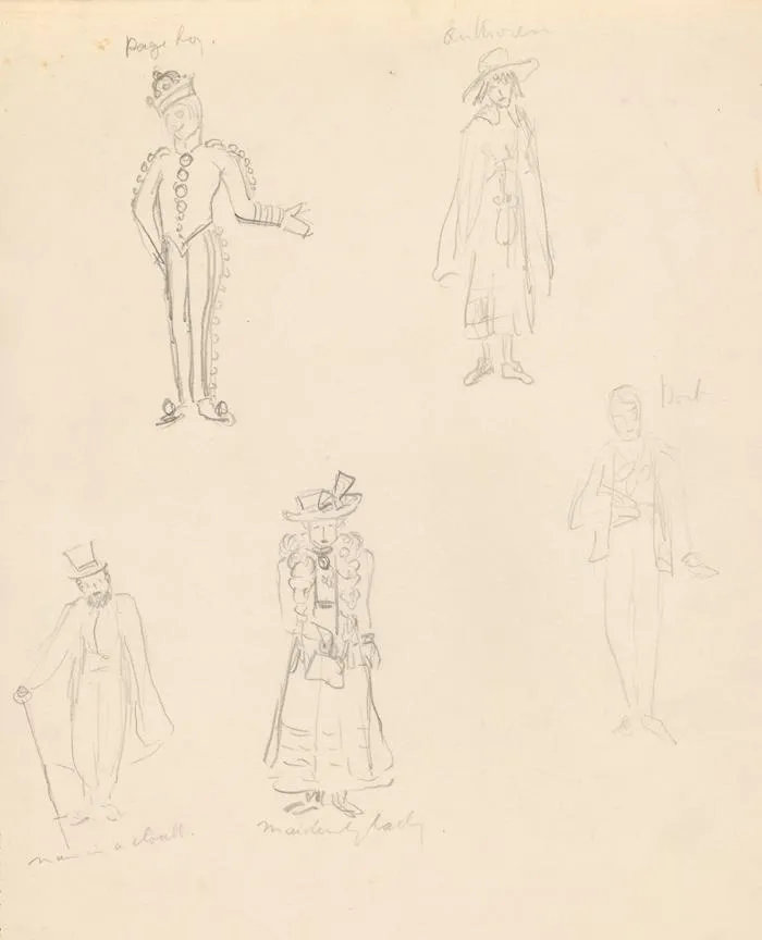 Costumes for a Page Boy and Authoress, a Man in a Cloak, a Maidenly Lady and a Poet