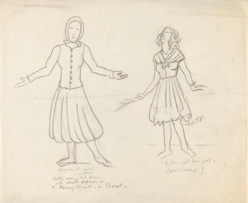Cultural archive image of “Costumes for Two Peasant Girls”, catalogued as Mainie Jellett. Artist: Mainie Jellett. Medium: Graphite on paper.