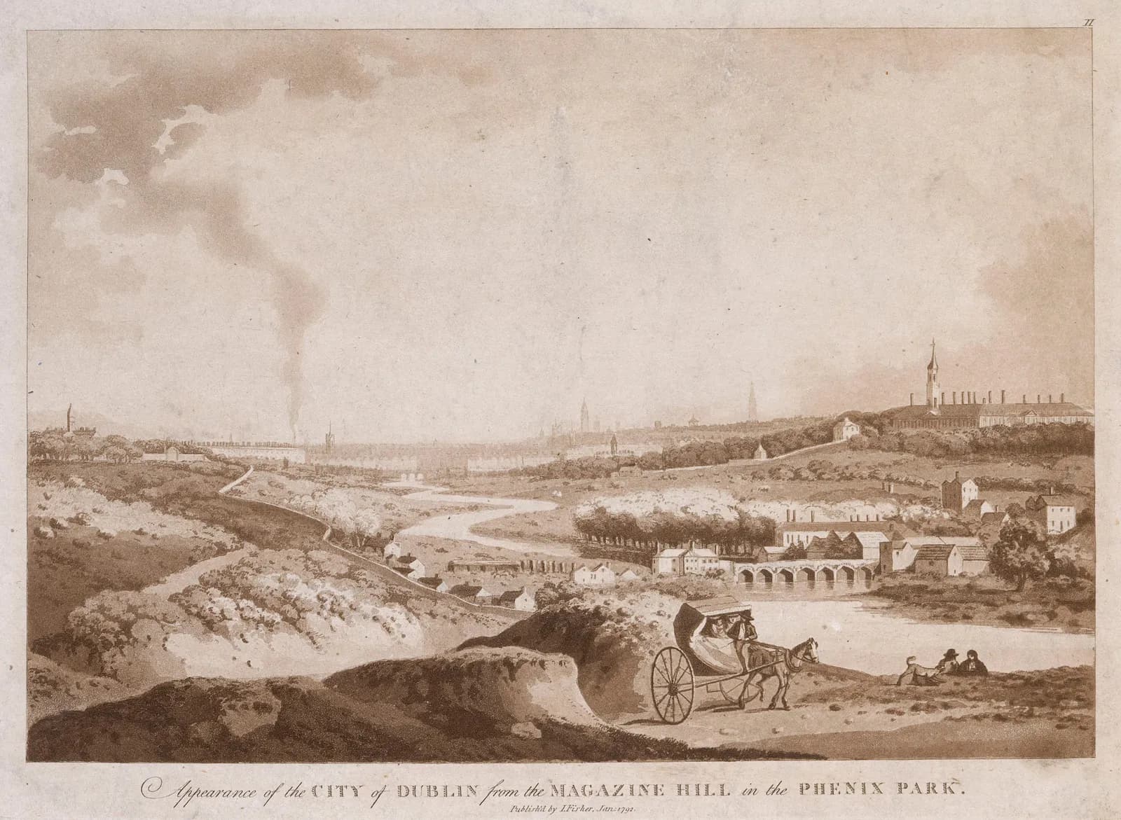Cultural archive image of “Dublin and Islandbridge from the Magazine Hill in Phoenix Park”, catalogued as Jonathan Fisher, dating to 1792, associated with Dublin, Ireland. Artist: Jonathan Fisher. Medium: Sepia Aquatint.