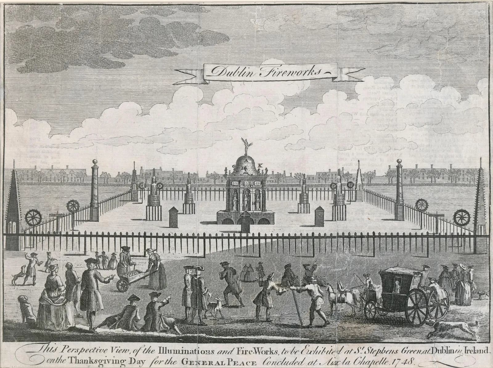 Cultural archive image of “Dublin Fireworks”, catalogued as Unknown Artist, England, 18th century, dating to Engraving Date: 1749, associated with Dublin, Ireland. Artist: Unknown Artist, England, 18th century.