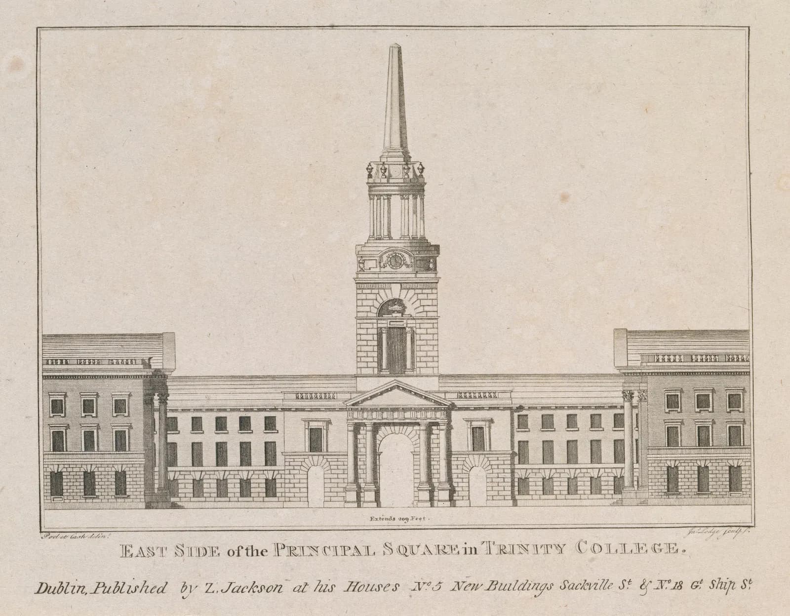 Cultural archive image of “East Side of Principal or Front Square, Trinity College, Dublin”, catalogued as John Lodge, dating to c.1793, associated with Dublin, Ireland. Artist: John Lodge. Medium: Line.