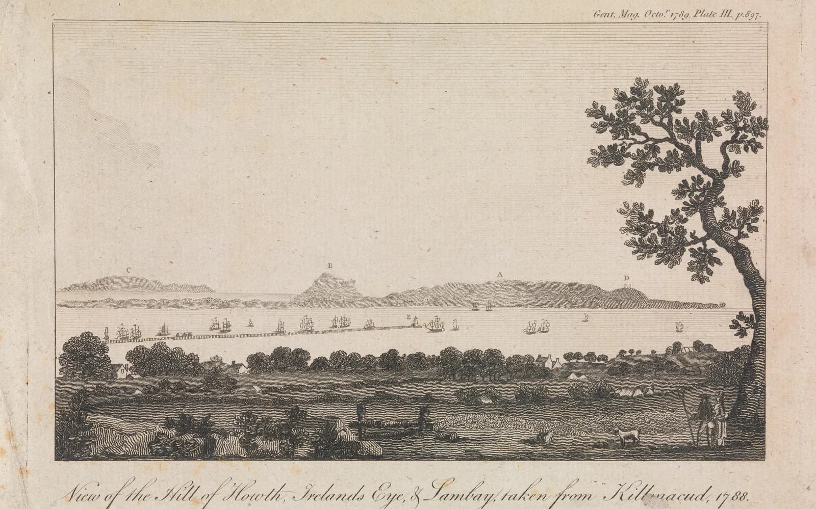 Cultural archive image of “Howth, Irelands Eye and Lambay Island from Kilmacud in 1788”, catalogued as Unknown Artist, England, 18th century, dating to 1789. Artist: Unknown Artist, England, 18th century.