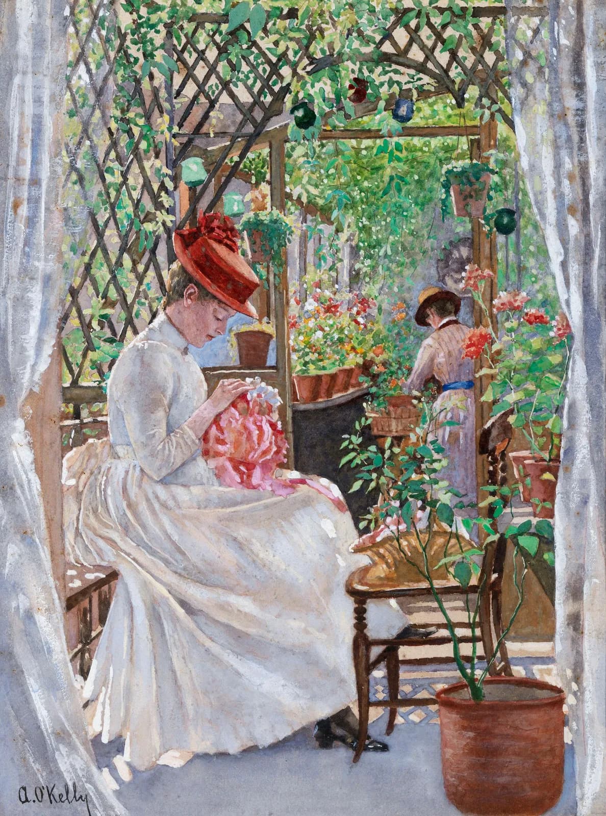 Cultural archive image of “In the Conservatory”, catalogued as Aloysius O'Kelly. Artist: Aloysius O'Kelly. Medium: Watercolour and gouache on paper.