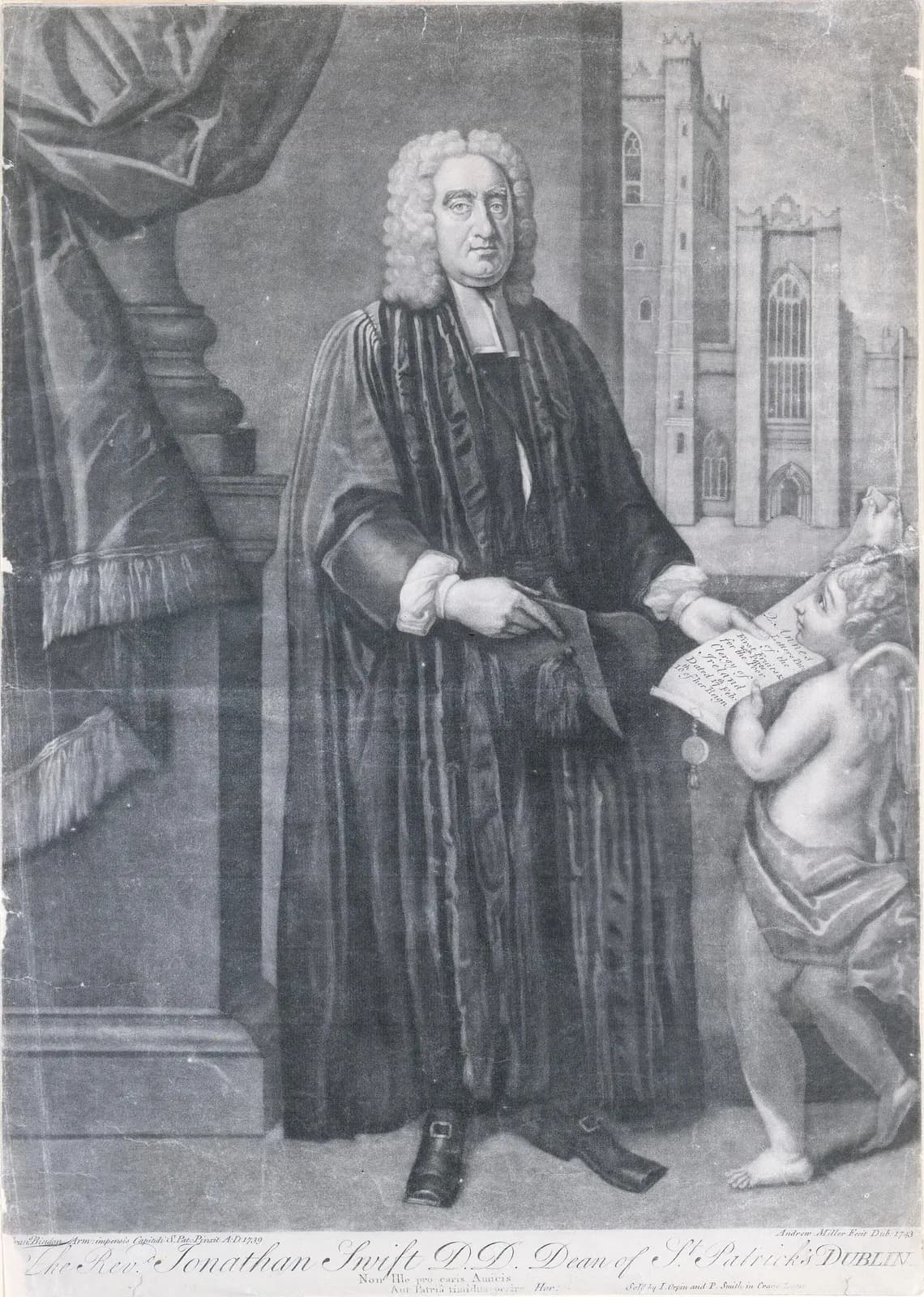 Cultural archive image of “Jonathan Swift (1667-1745), Dean of Saint Patrick's Cathedral, Dublin, and Satirist”, catalogued as Andrew Miller, dating to 1743, associated with Dublin, Ireland. Artist: Andrew Miller. Medium: Mezzotint.