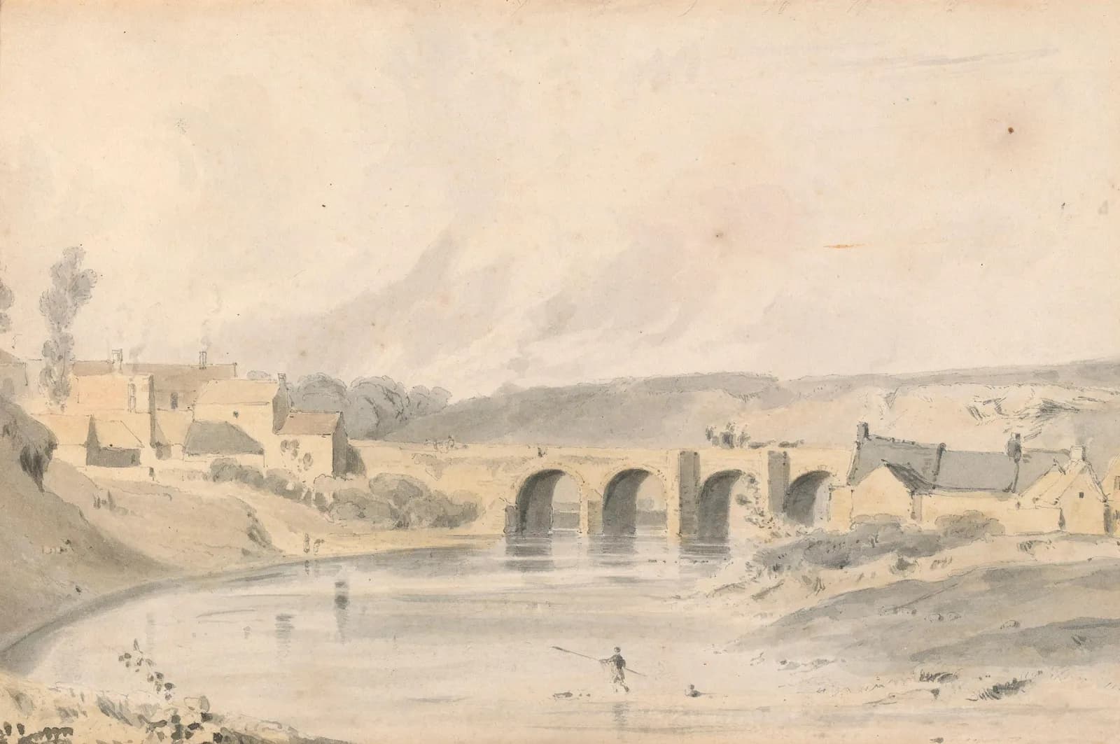 Cultural archive image of “Kilcullen Bridge, County Kildare (for an engraving 1st May 1820 and ill. for Cromwell's 'Excursions through Ireland', 1820)”, catalogued as George Petrie, dating to 1819. Artist: George Petrie. Medium: Graphite…