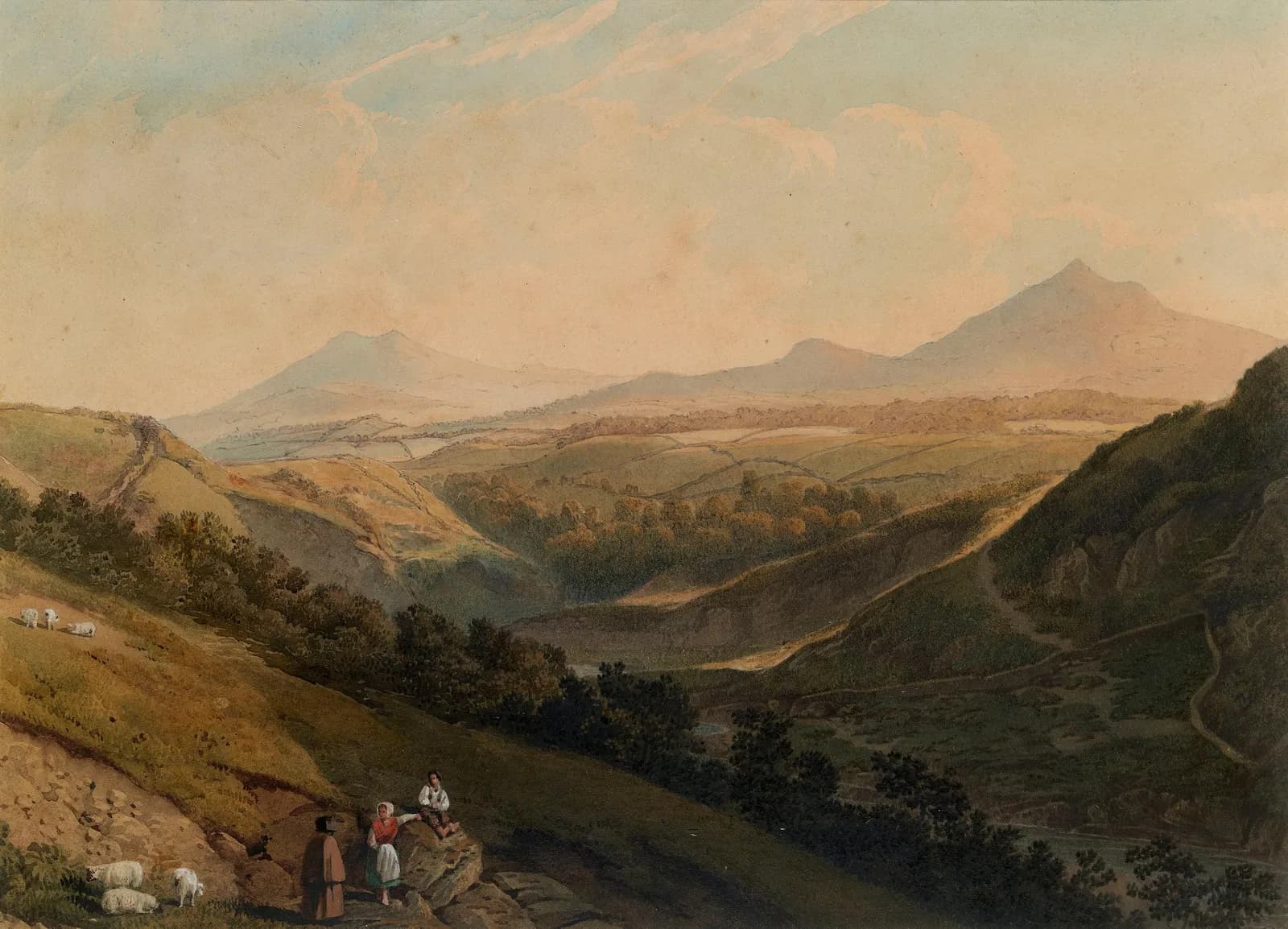 Cultural archive image of “Little and Great Sugar Loaf Mountains, County Wicklow”, catalogued as Henry Newton, associated with County Wicklow, Ireland. Artist: Henry Newton. Medium: Graphite and watercolour on paper.