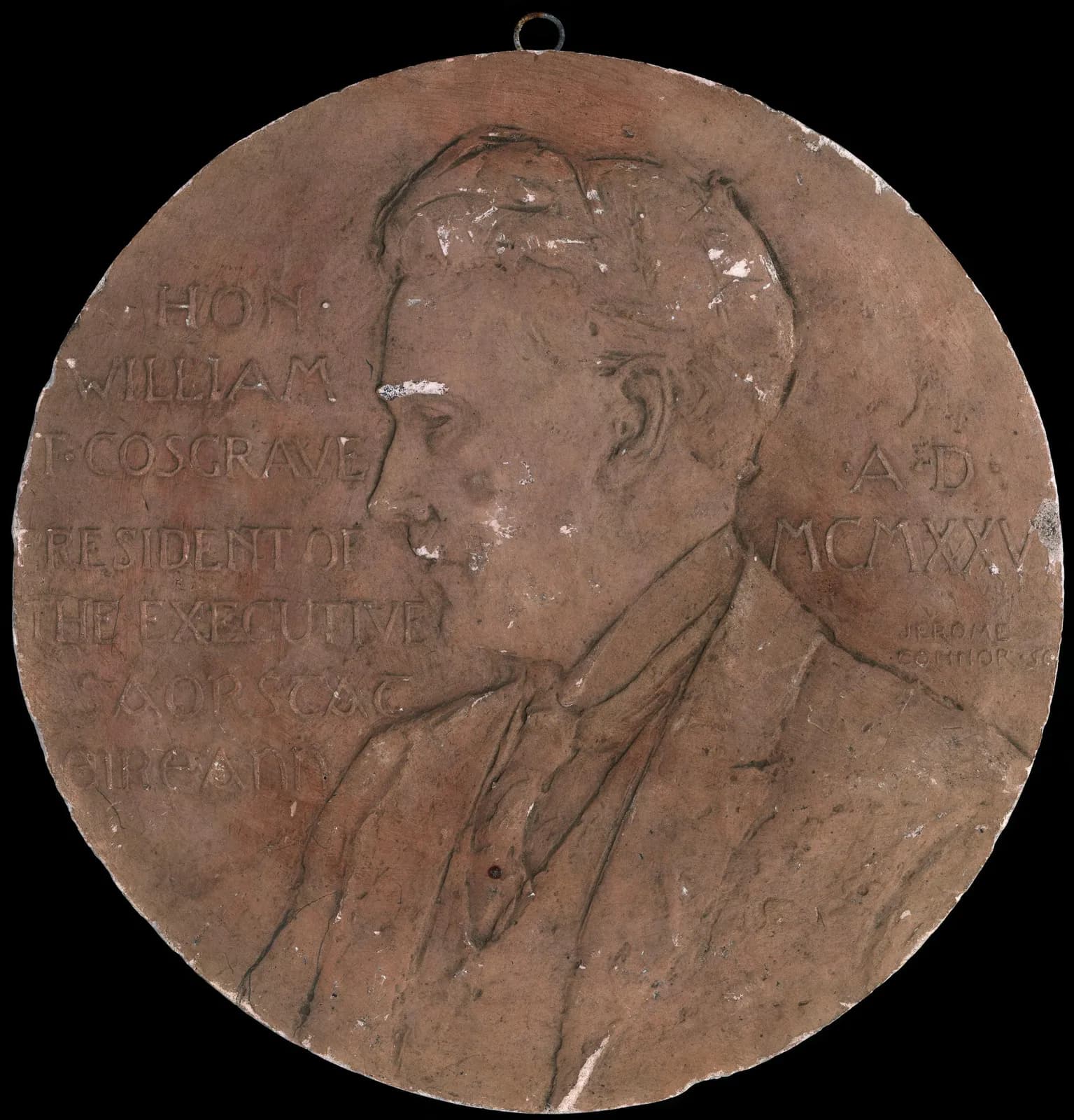 Cultural archive image of “Medallion of William T. Cosgrave, (1880-1965), President of the Executive Council of the Irish Free State”, catalogued as Jerome Connor, dating to 1926. Artist: Jerome Connor. Medium: Plaster.
