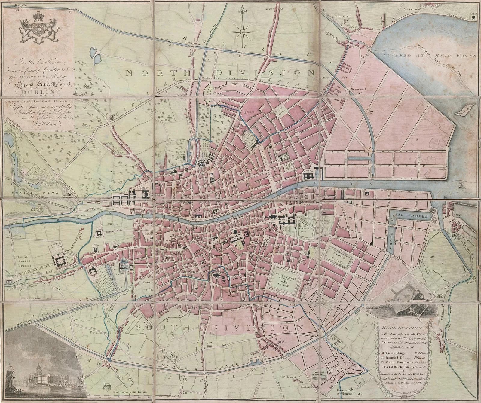 Modern Plan of the City and Environs of Dublin 1798 with Vignette of the Custom House