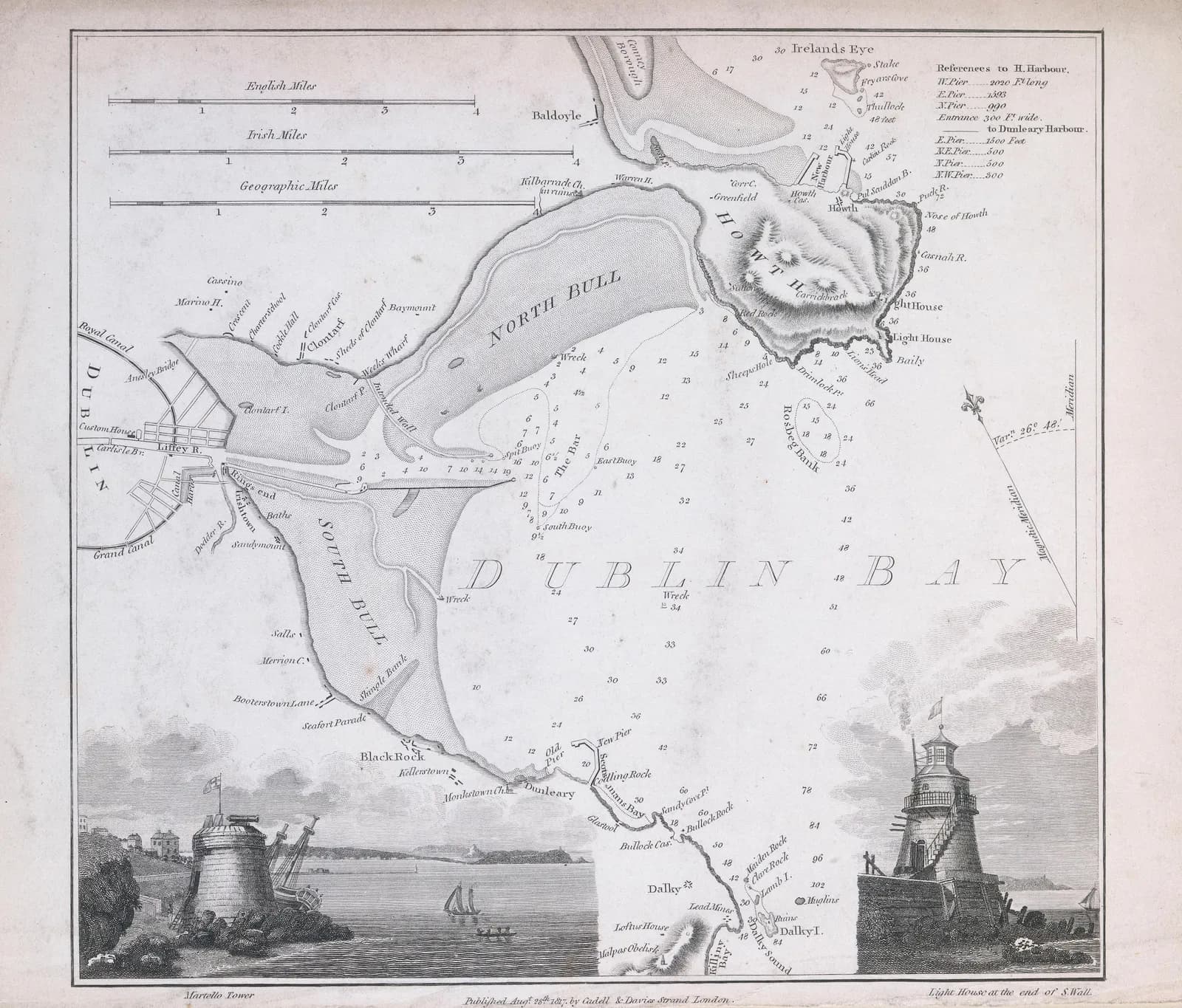 Nautical Map of Dublin Bay with Vignettes of Seapoint Martello Tower and Poolbeg Light House, South Wall