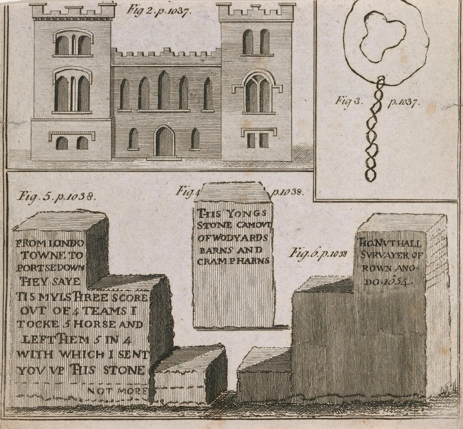 Sheet of Illustrations: Clontarf Castle, County Dublin, a Ball and Chain, and Three Inscribed Stones