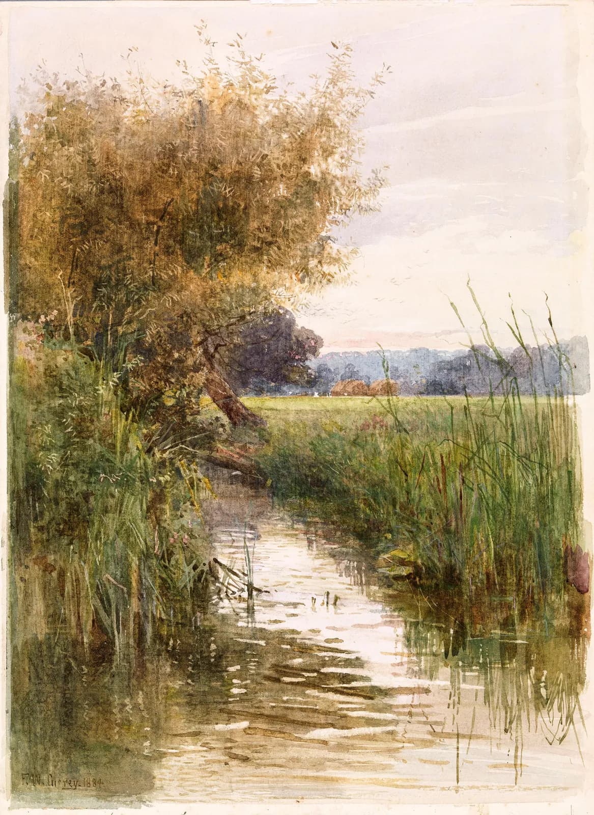 Cultural archive image of “Stream with Farm in the Distance, possibly 'Inches' House, Lismore, Co. Waterford”, catalogued as Frances 'Fanny' Wilmot Currey, dating to 1884, associated with County Waterford, Ireland. Artist: Frances 'Fanny'…