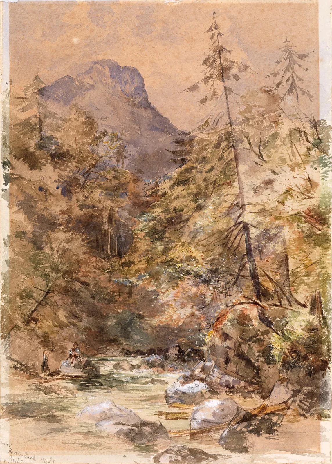 Cultural archive image of “Stream with Mountain in Background, possibly Owennashad River, Co. Waterford”, catalogued as Frances 'Fanny' Wilmot Currey, dating to c.1884, associated with County Waterford, Ireland. Artist: Frances 'Fanny'…