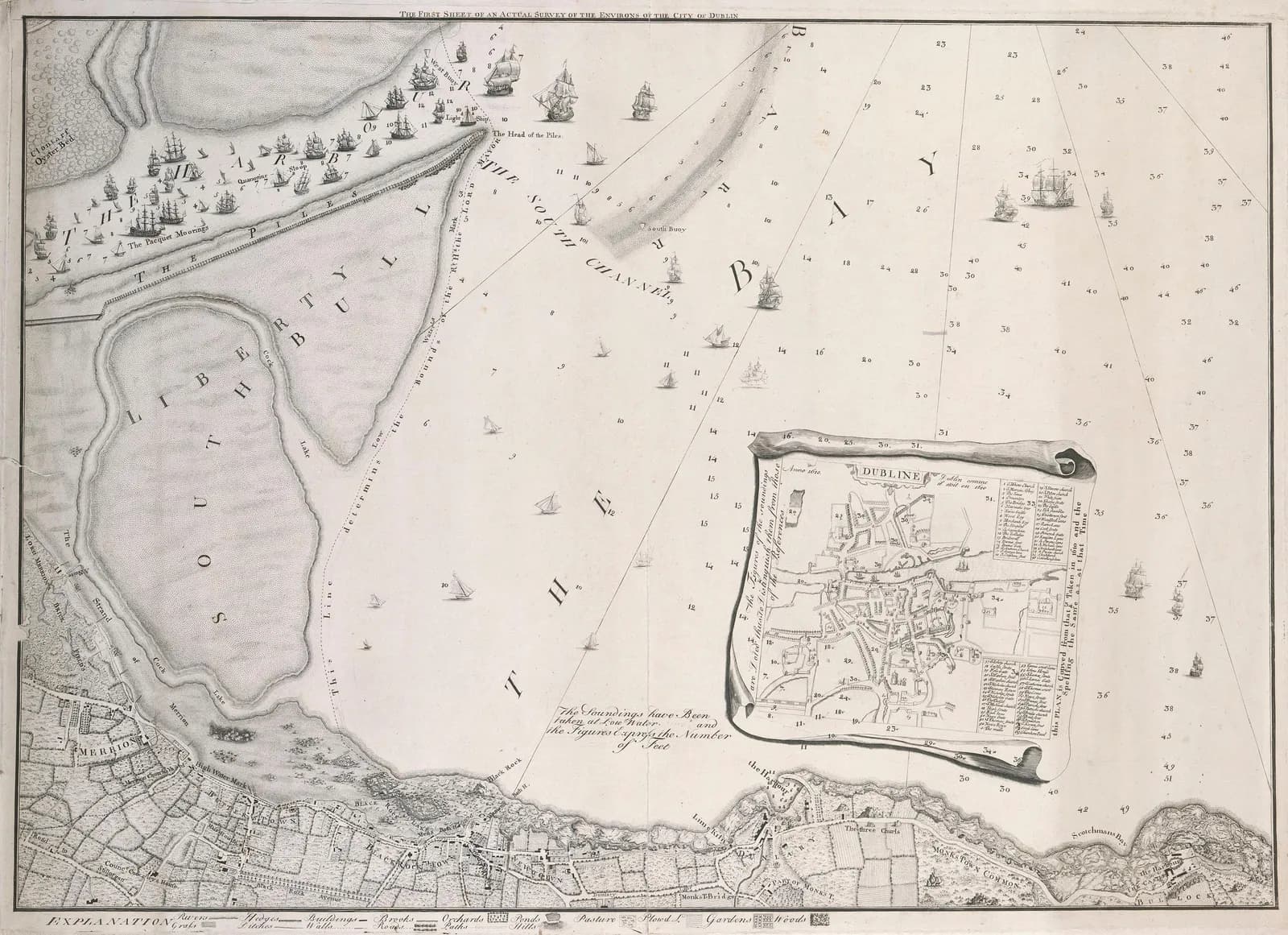 Cultural archive image of “Survey of Dublin Bay with Soundings and inset Plan of the City of Dublin in 1610 by Speed”, catalogued as Unknown Artist, Ireland, 18th century, dating to 18th century, associated with Dublin, Ireland. Artist:…
