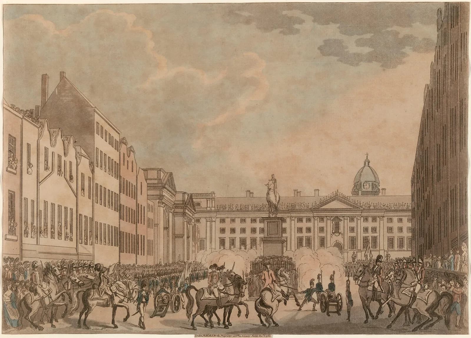 Cultural archive image of “The Dublin Volunteers on College Green, 4th November, commemorating the birthday of King William III, (1650-1702)”, catalogued as Unknown Artist, Ireland, 18th century, dating to 1784; Engraving Date: 1784,…