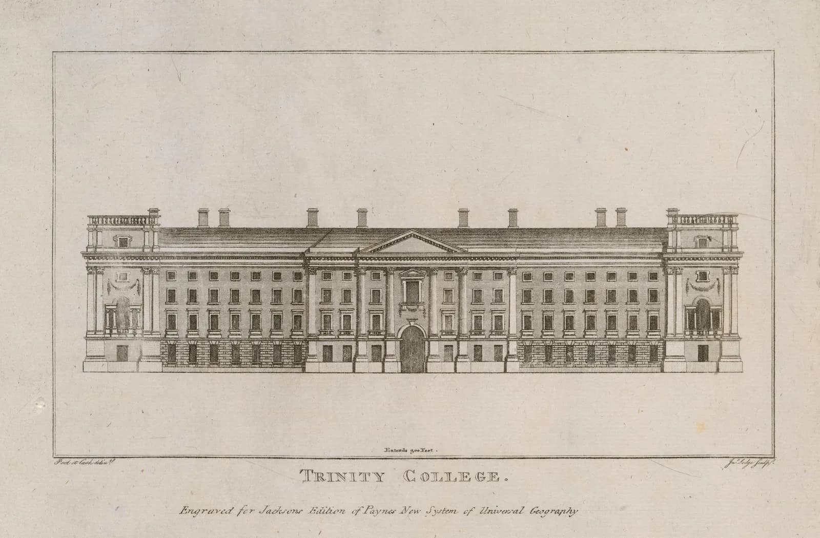 Cultural archive image of “The East Front of Trinity College, Dublin”, catalogued as John Lodge, dating to c.1793, associated with Dublin, Ireland. Artist: John Lodge. Medium: Line.