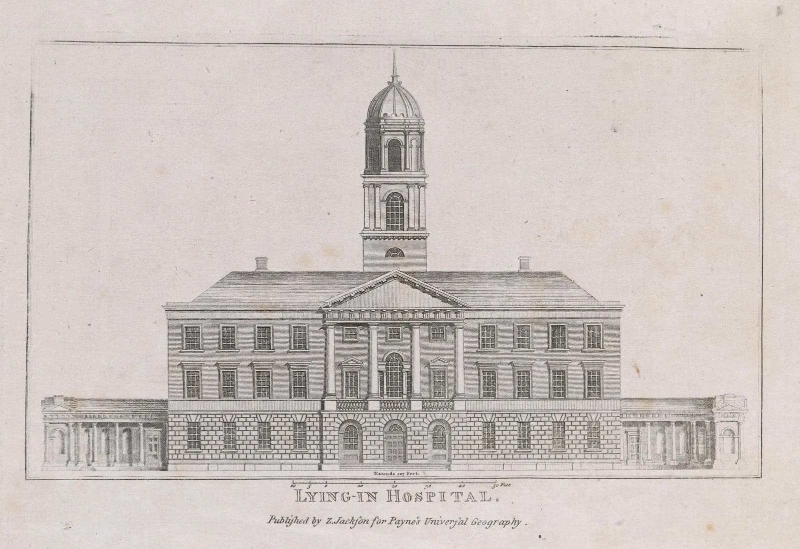 Cultural archive image of “The Lying-In, Hospital, Dublin”, catalogued as John Lodge, dating to c.1793, associated with Dublin, Ireland. Artist: John Lodge. Medium: Line.