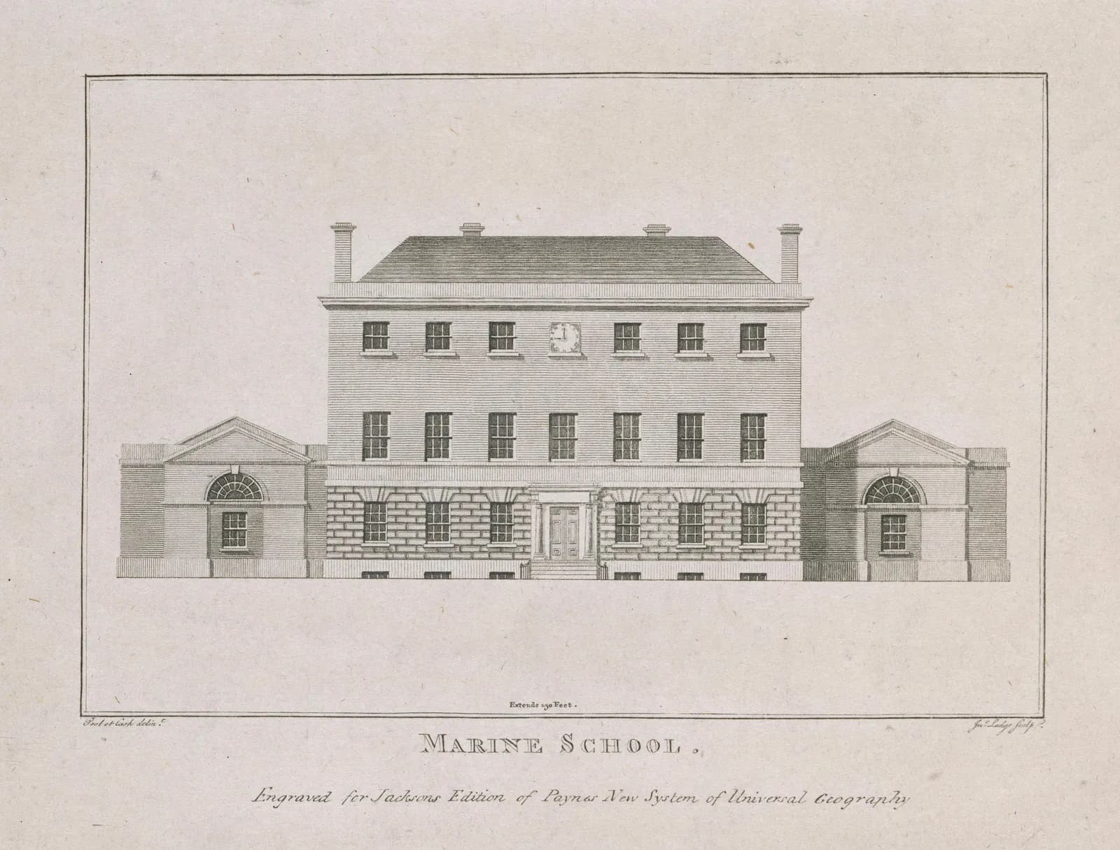 Cultural archive image of “The Marine School, Sir John Rogerson's Quay, Dublin”, catalogued as John Lodge, dating to c.1793, associated with Dublin, Ireland. Artist: John Lodge. Medium: Line.