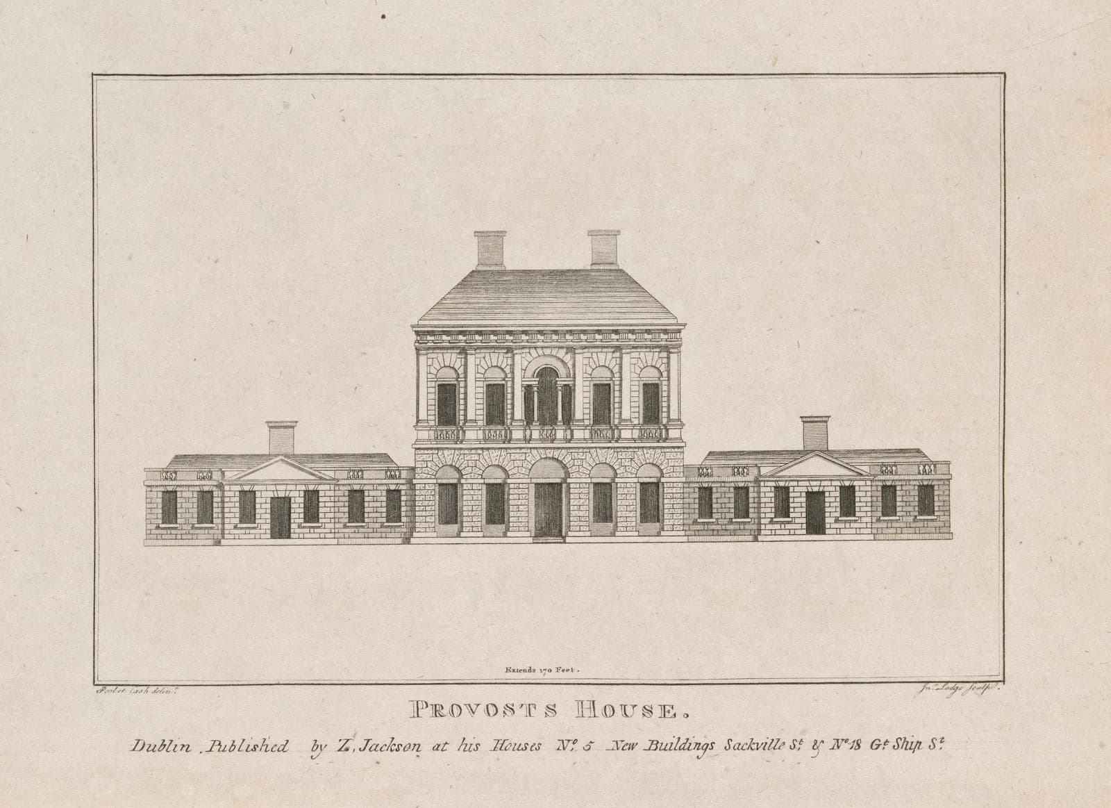Cultural archive image of “The Provost's House, Trinity College, Dublin”, catalogued as John Lodge, dating to c.1793, associated with Dublin, Ireland. Artist: John Lodge. Medium: Line.