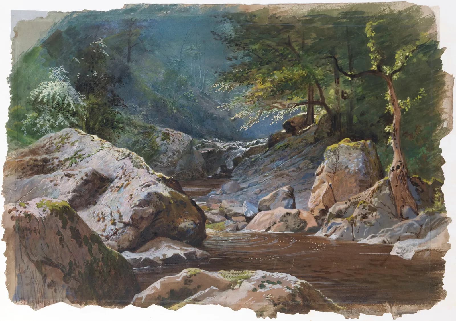 Cultural archive image of “The River Dargle, County Wicklow”, catalogued as Charles Russell, associated with County Wicklow, Ireland. Artist: Charles Russell. Medium: Gouache on paper.