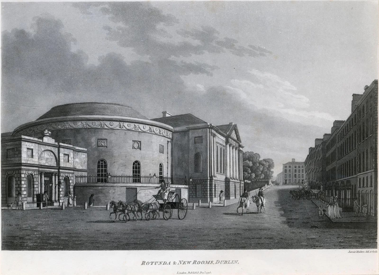 Cultural archive image of “The Rotunda and New Rooms, Dublin”, catalogued as James Malton, associated with Dublin, Ireland. Artist: James Malton. Medium: Aquatint and etching.