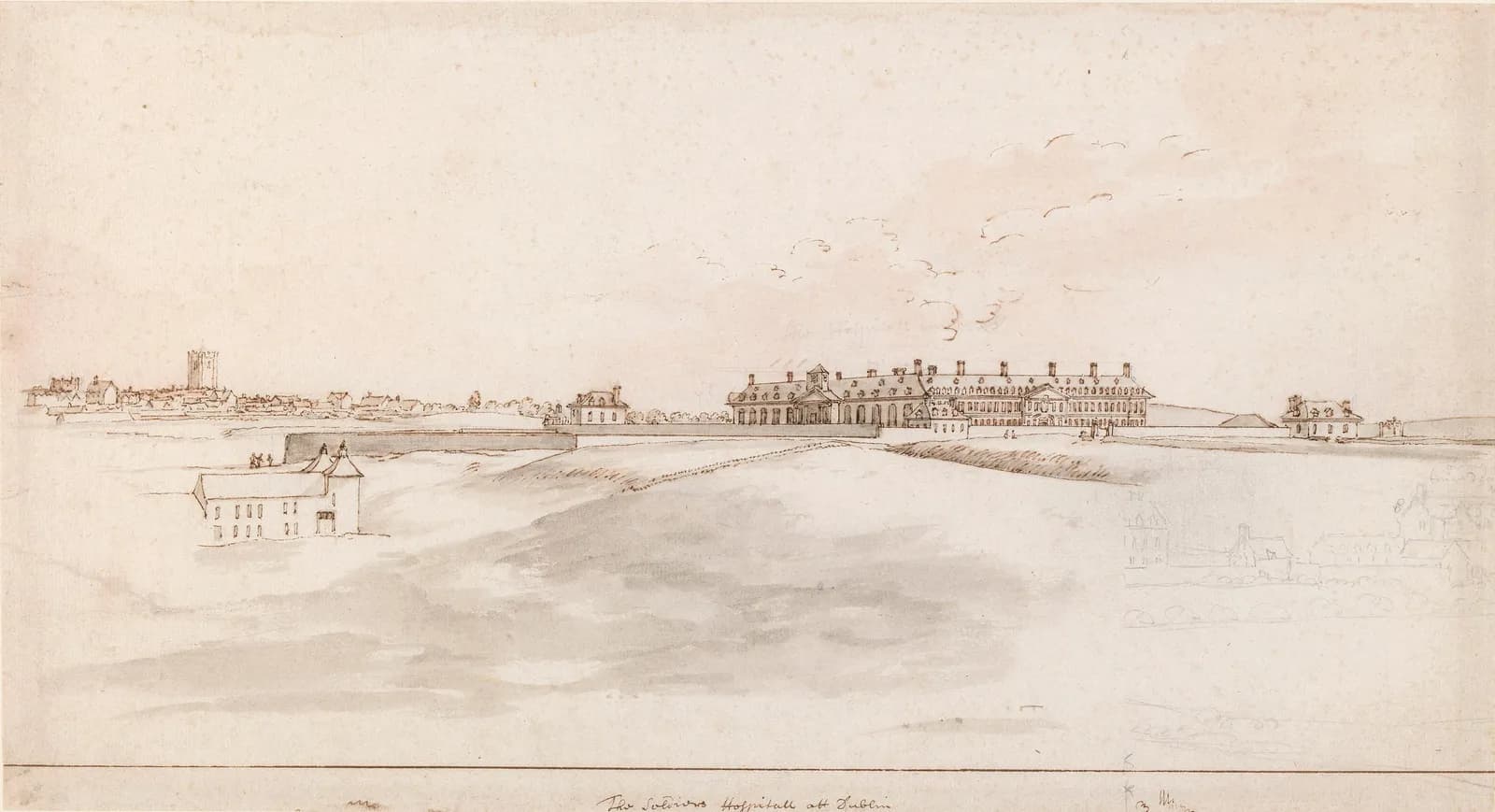 Cultural archive image of “The Royal Hospital, Kilmainham, Dublin”, catalogued as Francis Place, associated with Dublin, Ireland. Artist: Francis Place. Medium: Ink, graphite and wash on paper.