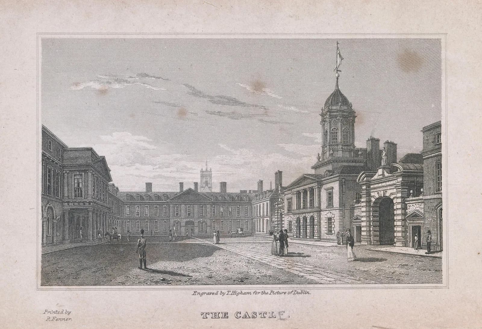 Cultural archive image of “Upper Castle Yard, Dublin Castle”, catalogued as Thomas Higham, dating to 1821, associated with Dublin, Ireland. Artist: Thomas Higham. Medium: Steel Engraving.