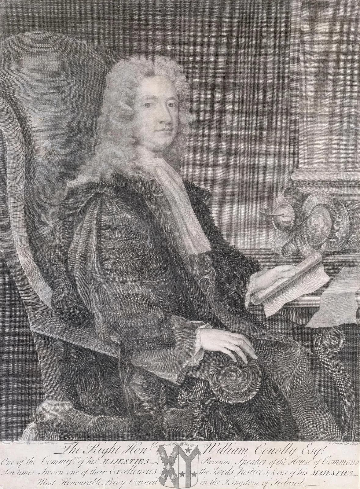 Cultural archive image of “William Connolly (c.1662-1729), Speaker of the Irish House of Commons”, catalogued as Pierre Fourdrinier. Artist: Pierre Fourdrinier. Medium: Line.