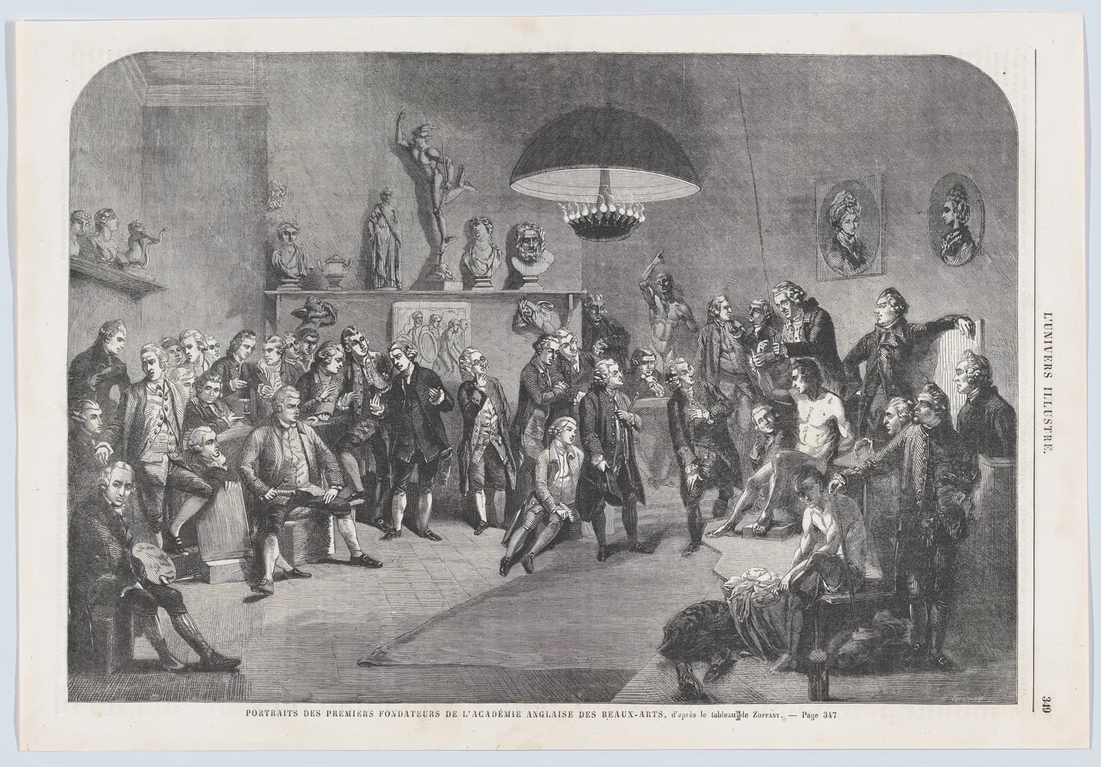 Portraits des premiers fondateurs de l'Académie Anglaise des Beaux-Arts (Portraits of the founding members of the Royal Academy of Arts, London), from "L'Univers Illustré"